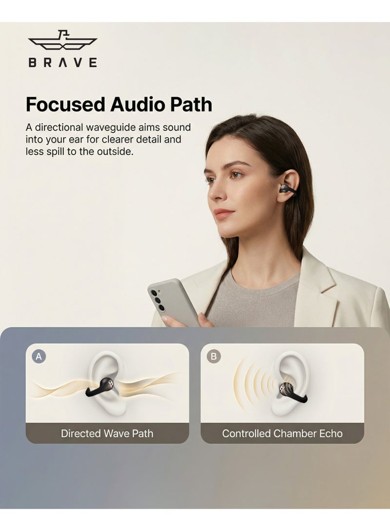 بريف سماعات أذن لاسلكية مفتوحة بلوتوث 6.0، سماعات رياضية مع مشغلات مغناطيسية ثلاثية النواة، محرك نبض الجهير العميق، تقنية تركيز الصوت العصبي للمكالمات، مصفوفة ميكروفون مزدوجة 360° لالتقاط الصوت، ملاءمة مريحة بوسادة هوائية، مقاومة للماء ومقاومة للعرق، بطارية طويلة العمر، زمن استجابة منخفض للغاية، صوت اتجاهي، سماعات مكالمات بدون استخدام اليدين للرياضة والجري والنادي وركوب الدراجات والأنشطة الخارجية – أسود - Image 5